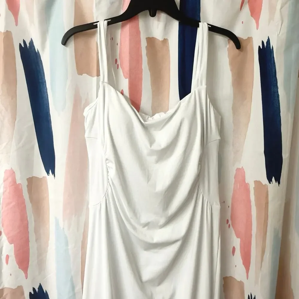 Halara Square Neck Ruched Split Midi Cool Touch Dress in White Size Large - Picture 8 of 16